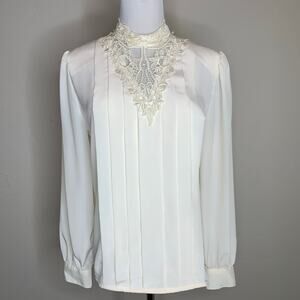 Vintage Cream Pleat Front Lace High Neck Blouse Sz 6